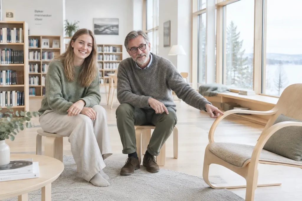 Kvinna och man sitter på pallar i björk i ett ljust bibliotek och tittar på en fåtölj i böjd plywood