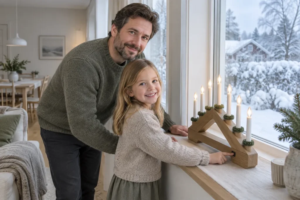 Pappa och dotter ställer en tänd adventsljusstake av trä i fönstret en mörk vintereftermiddag
