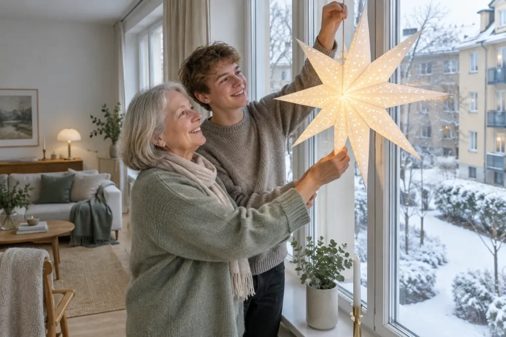 Mormor och barnbarn hänger upp en tänd vit adventsstjärna av papper i ett högt fönster en mörk decembereftermiddag