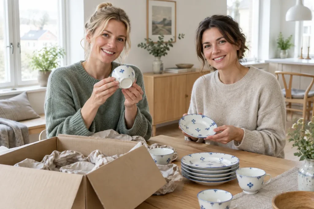 Två vänner packar upp vintageporslin med små blå blommor vid köksbordet och tittar på undersidan av en kopp