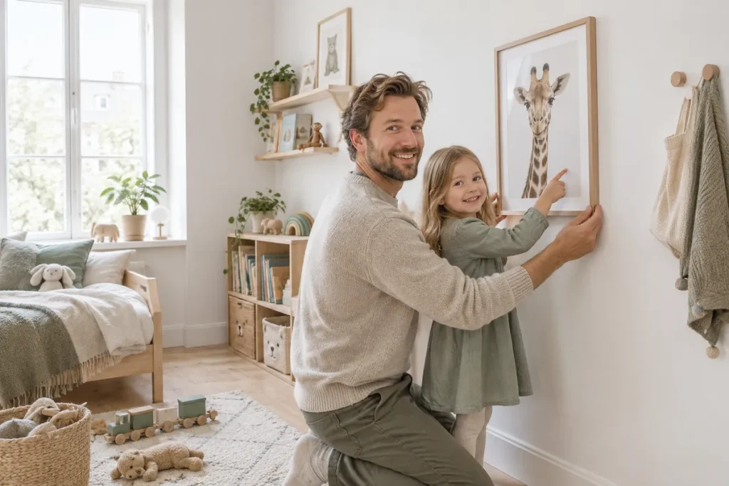 Pappa och dotter väljer var en tavla med djurmotiv ska hänga i ett ljust barnrum