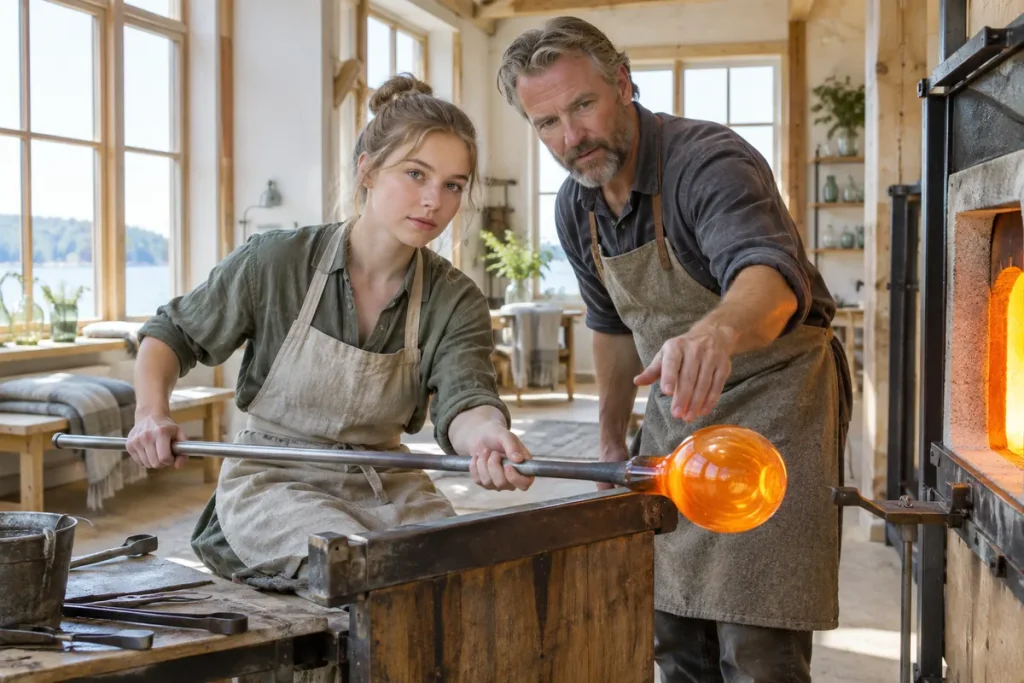 Glasblåsare och lärling formar en glödande glasbubbla vid ugnen i en småländsk glashytta