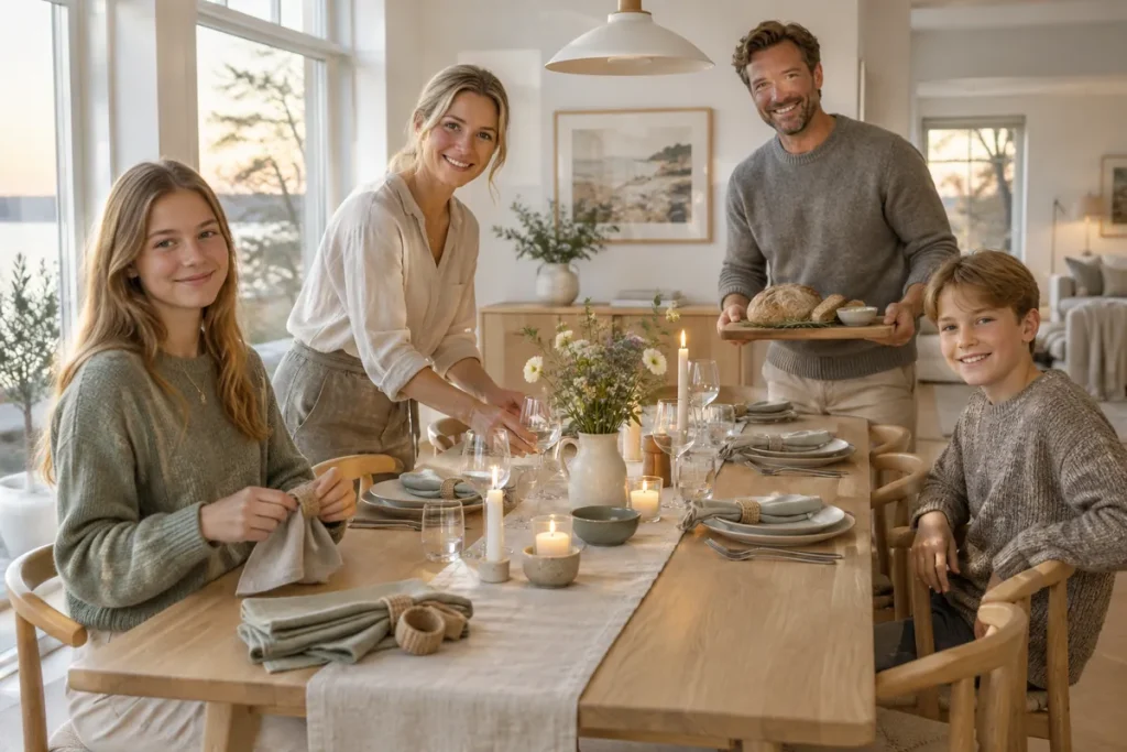 Familj dukar ett långt ekbord med linneservetter, glas, ljus och en serveringsbräda med bröd