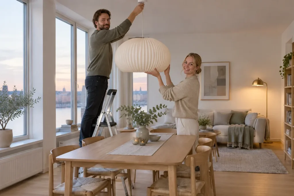 Par hänger upp en veckad pendellampa i papper över ett matbord i ek i skymningen