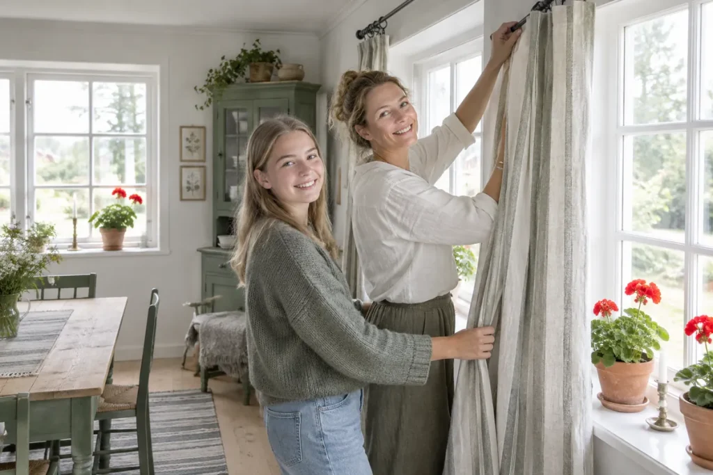 Mamma och dotter hänger randiga linnegardiner i ett ljust rum med grönmålade möbler och pelargoner i fönstret
