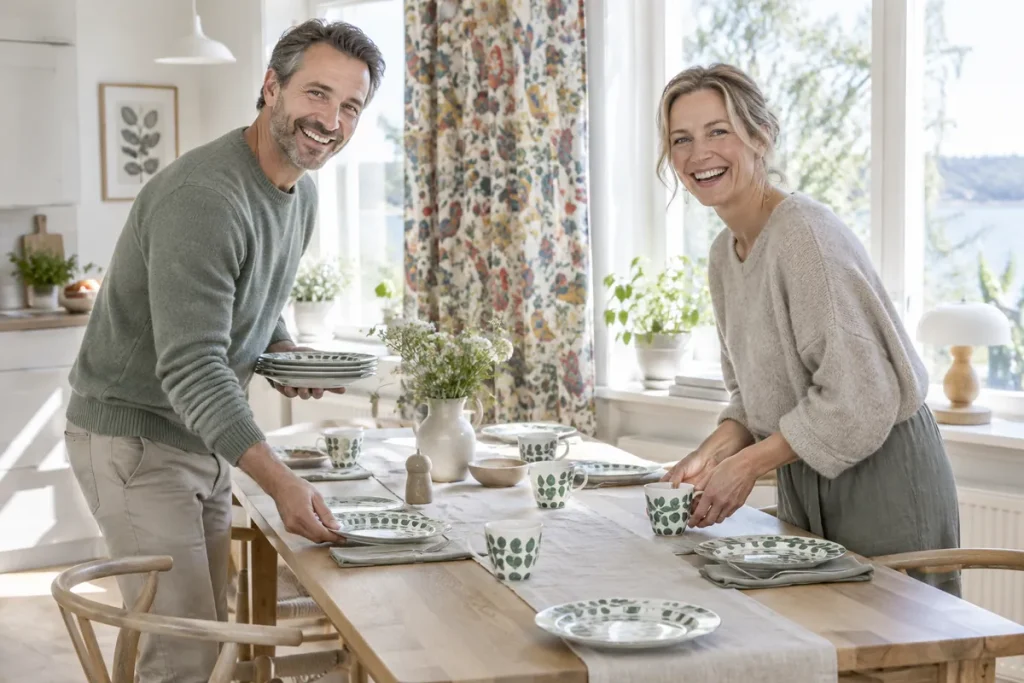 Man och kvinna dukar ett köksbord med porslin med gröna blad
