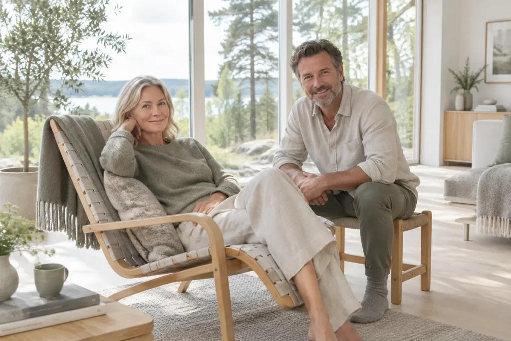 Kvinna vilar i en vilstol i böjt trä inne i ett glashus med en man bredvid