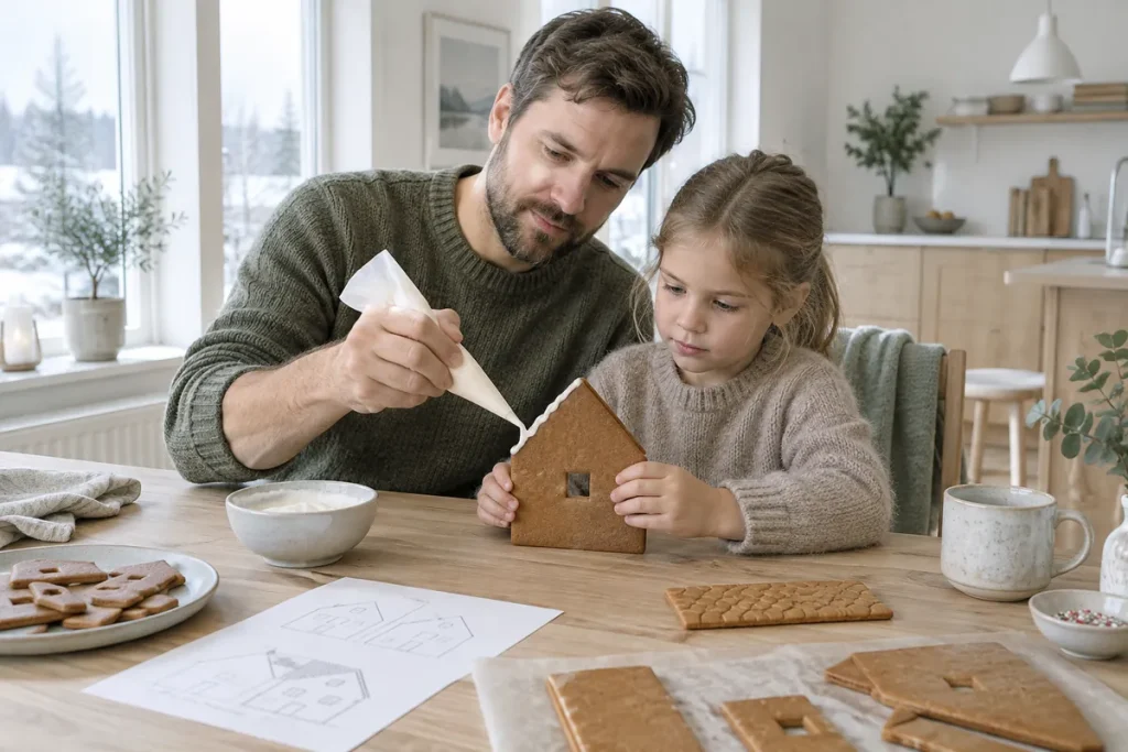 Pappa och dotter limmar ihop ett pepparkakshus med kristyr vid köksbordet
