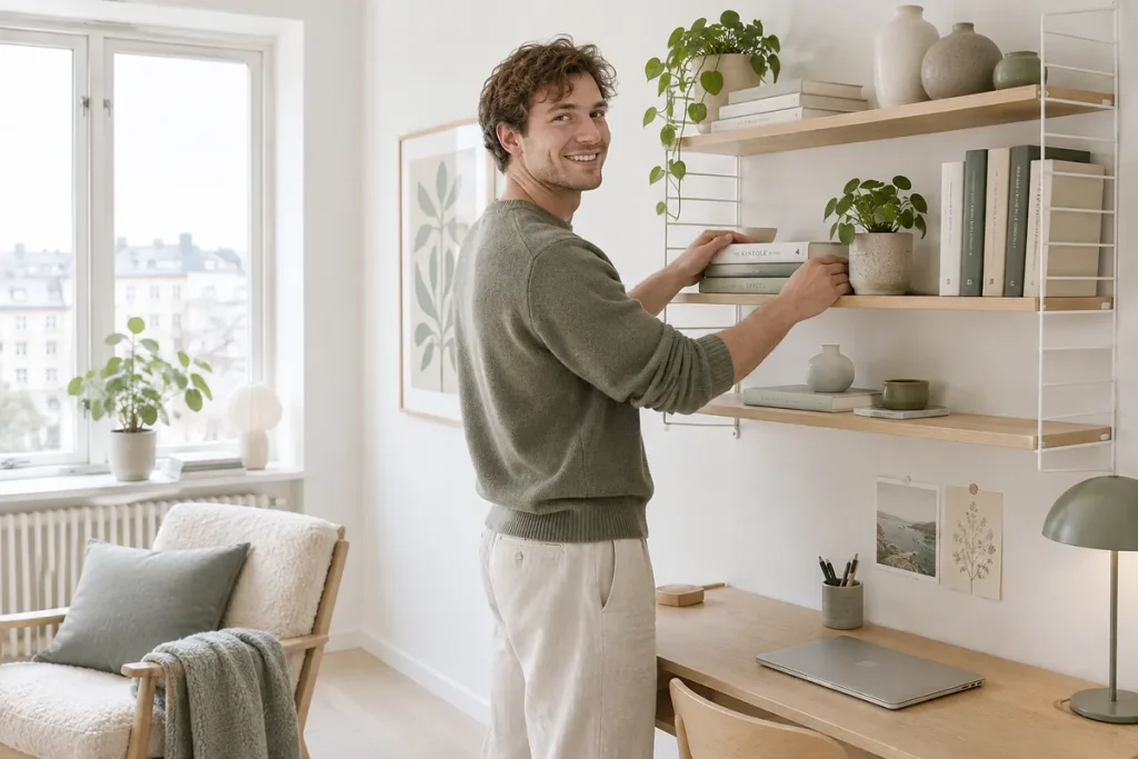Ung man ställer böcker och vaser på en väggmonterad hylla med hyllplan i ek ovanför ett skrivbord