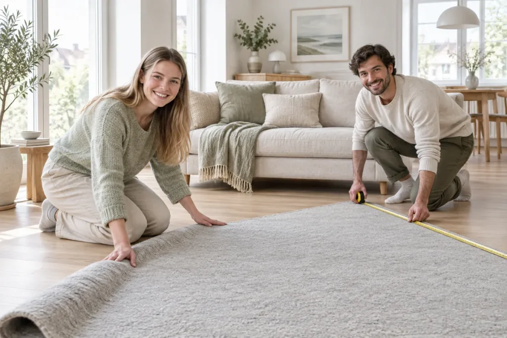 Ett par rullar ut en ljusgrå ullmatta framför soffan och mäter kanten med ett måttband
