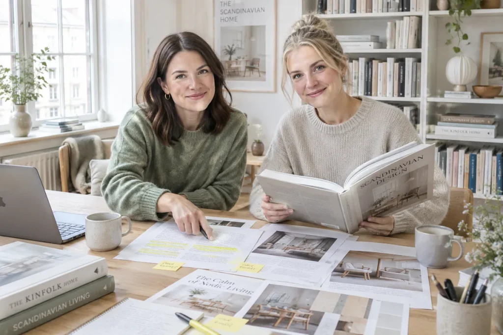 Två redaktörer faktagranskar en artikel med utskrifter och en bok om skandinavisk design